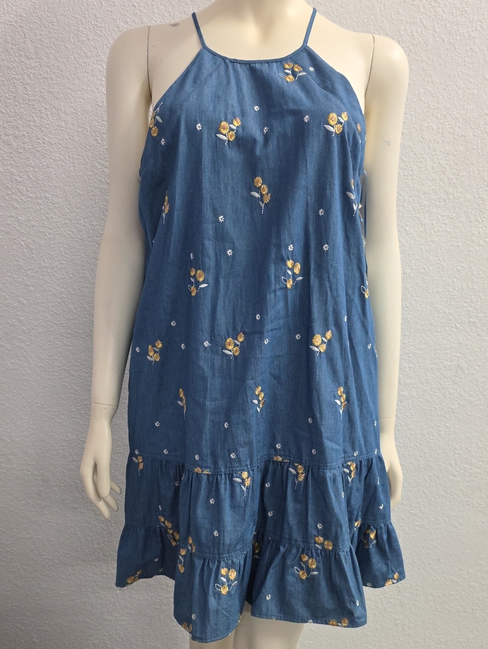 CeCe Meadow Monet Embroidered Chambray Halter Swing Dress NWT Large